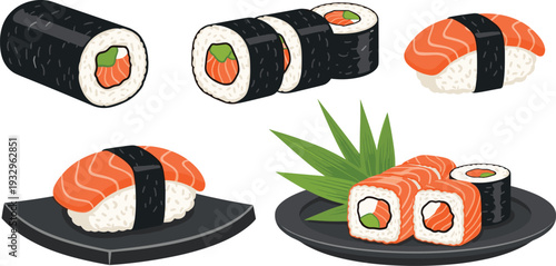 Salmon Sushi and Maki Roll Set Isolated on White Background Flat Vector Illustration