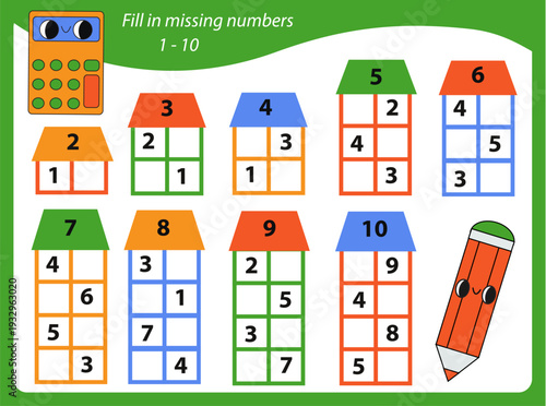 Mathematics educational game for children. Complete the row, write missing numbers. Worksheet for preschool kids