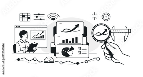 Modern minimal flat vector conceptual collage, crisp hard edges, consistent THIN outline stroke, rounded corners where needed,