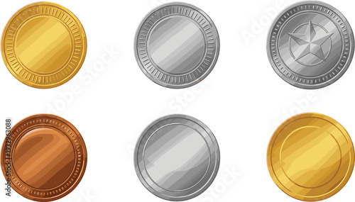 Game Medal Set with Gold, Silver, and Bronze Coins, Winner Achievement Awards, Ranking Symbols, and Metallic Vector Illustration.