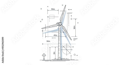 Wind turbine blueprint illustration renewable energy technology concept
