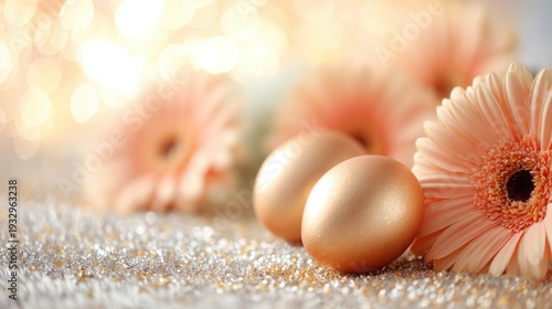 Spring celebration with golden eggs and flowers in a bright setting