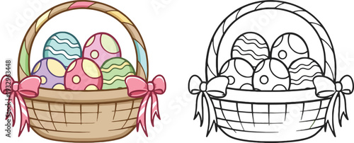 Two easter baskets filled with colorful eggs and adorned with ribbons and bows.