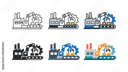 Industrial Icon Grid. Automation and industrial production icon combining a factory building, robotic arm, conveyor belt, and