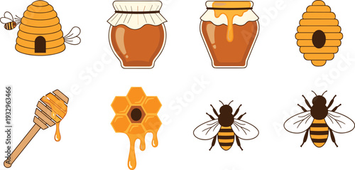 Honey and Bee Set with Golden Honey Jars, Beehives, Dripping Honeycomb, Wood Dipper, and Flying Bee Icons Vector Illustration.