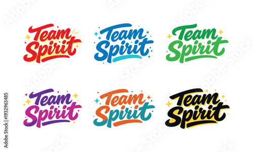 Seasonal holiday banner with promotional slogan presenting modern lettering logo set for Team Spirit, inspirational