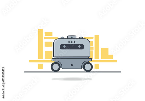 Abstract depiction of a robotic delivery vehicle moving on a road with yellow buildings in the background