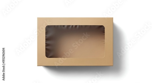 Brown cardboard box with transparent window on white background packaging for food or gifts