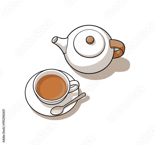 Clean tea time calm ritual viewed from above with generic cup saucer and teapot aligned clearly, placed in the right third of a 3