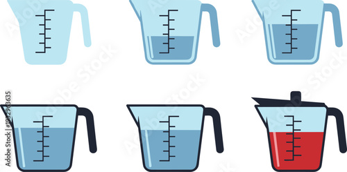 Measuring Jug Set with Plastic Water Pitchers, Liquid Volume Scale Icons, and Kitchen Measuring Cup Vector Illustration Collection.