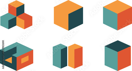 3D Isometric Cube Set with Colorful Geometric Shapes, Abstract Box Icons, and Structural Design Elements Vector Illustration.