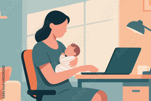 A mother holds her baby while working on a laptop Illustration Creative Design Template 