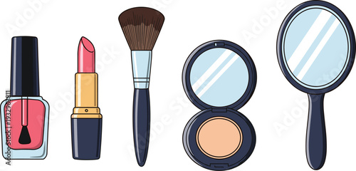 Beauty Cosmetics Set with Pink Nail Polish, Lipstick, Makeup Brush, Face Powder Compact, and Hand Mirror Vector Illustration.