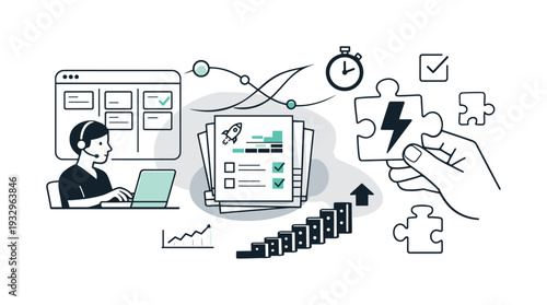 Modern minimal flat vector conceptual collage, crisp hard edges, consistent THIN outline stroke, rounded corners where needed,