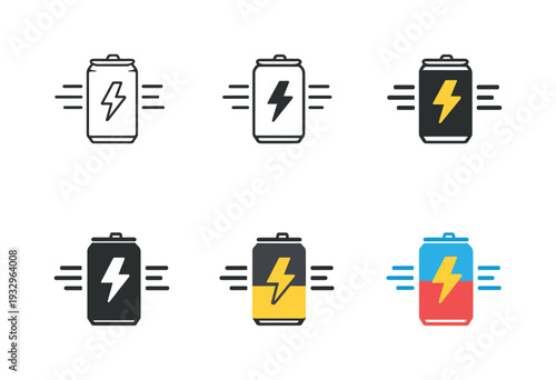 Caffeinated drink icon depicting energy beverage cans with lightning symbols and motion lines representing vitality, alertness,
