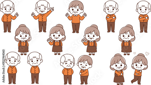Cute elderly couple cartoon character set showing various emotions, gestures and interactions, perfect for family, care, love and relationship themes