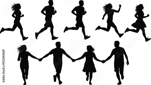 Running couple silhouette collection, man and woman jogging and holding hands isolated on white background illustration