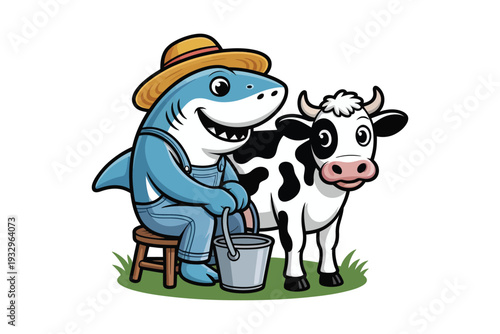 A whimsical cartoon depicts a shark farmer milking a black and white cow on a vibrant green pasture scene high-quality.