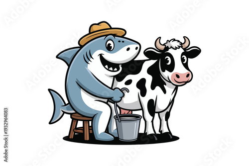 A whimsical cartoon depicts a shark farmer milking a black and white cow on a vibrant green pasture scene high-quality.