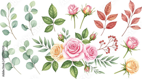 A beautiful arrangement of roses and eucalyptus leaves in soft pastel colors