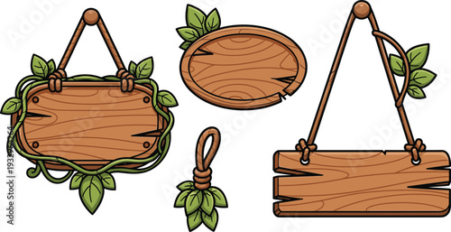 Wooden Signboard Set with Hanging Planks, Blank Timber Boards Decorated with Green Leaves and Vines for Jungle and Nature Design.