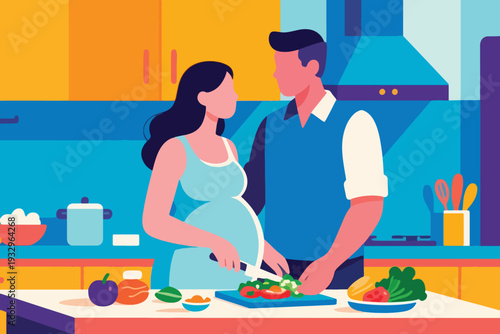A pregnant woman accompanied by her husband is cooking food in the kitchen Illustration Creative Design Template 