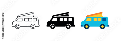 Camper Van Silhouettes. Scenic travel scene showing a camper van with roof and windows facing sideways, identical silhouette