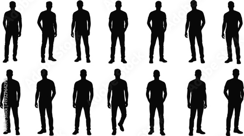 Standing man silhouettes collection, male full body poses isolated on white background vector illustration set