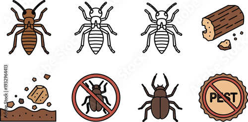 Termite and Pest Control Icons Set Isolated on White Background Flat Vector Illustration