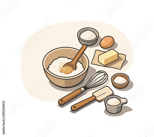 Calm baking day essentials concept with bowl and utensils slightly angled for balance shown from above, arranged in the right