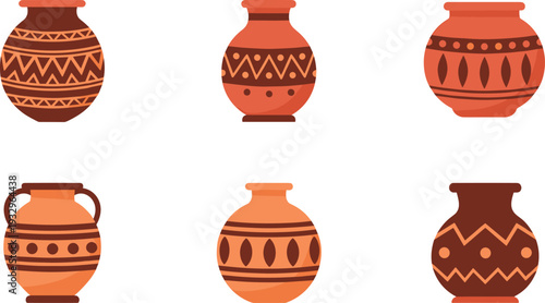Terracotta Clay Pot Set with Ancient Pottery Vases, Decorative Ceramic Jars with Tribal Patterns, and Traditional Earthenware.