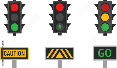Traffic Light and Road Sign Set Isolated on White Background Flat Vector Illustration