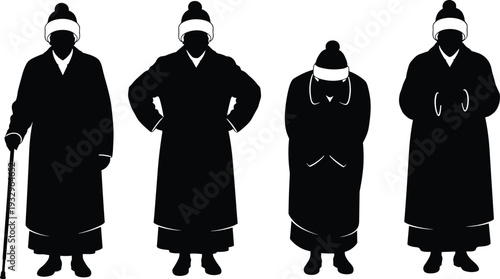 Winter elderly silhouettes collection, senior men in coats and hats isolated on white background illustration set
