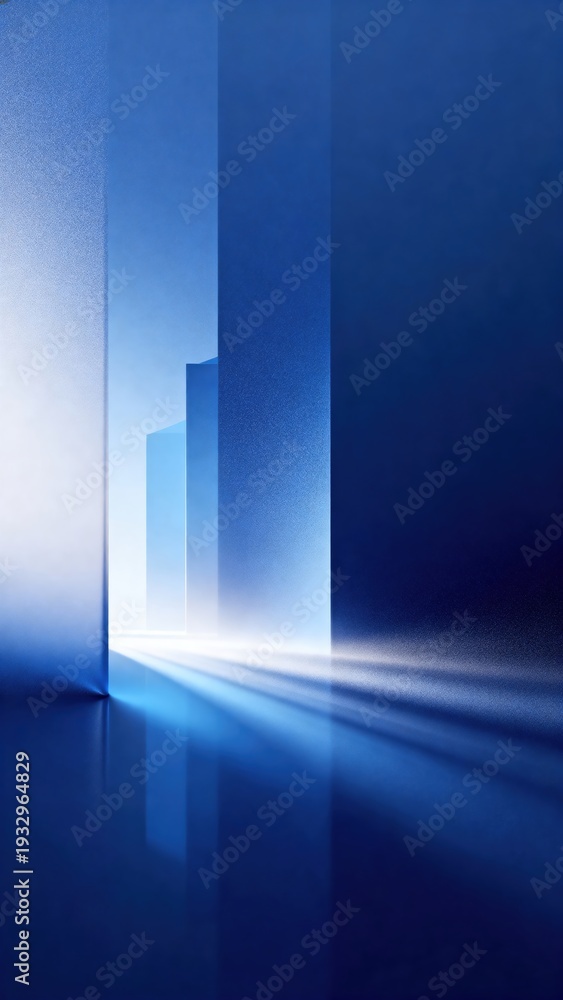 Fototapeta premium Abstract blue architectural space with light beams and reflections