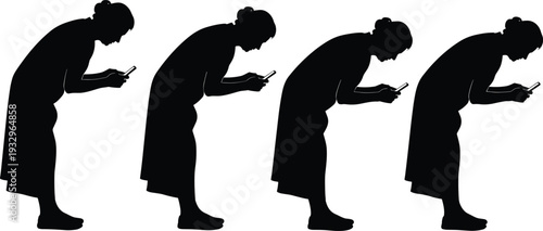 Woman using smartphone silhouette sequence, female browsing mobile phone isolated on white background illustration set