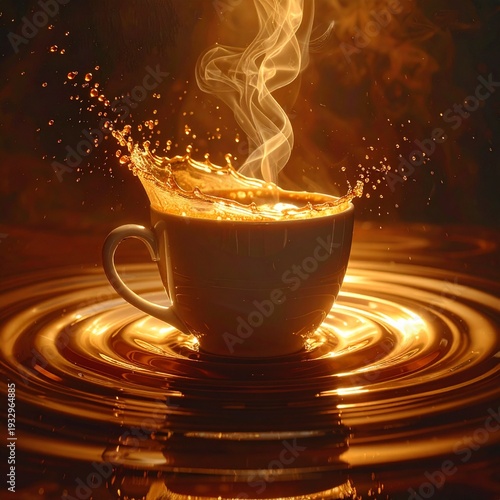 A cup of coffee creating wave-like ripples in slow motion, warm brown tones, studio lighting, premium beverage advertisement style