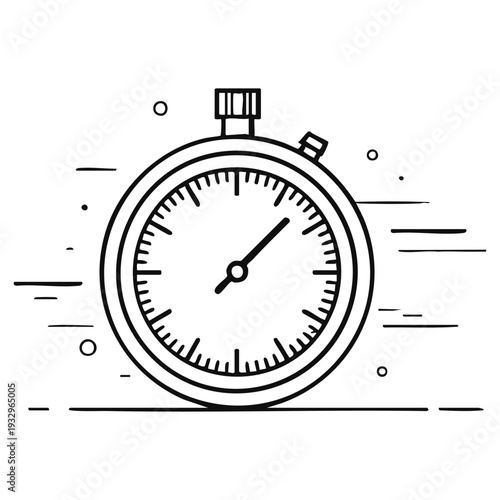 A stopwatch is displayed with numbers and hands moving. The design shows the passage of time, indicating seconds going by quickly. Lines suggest motion around the stopwatch