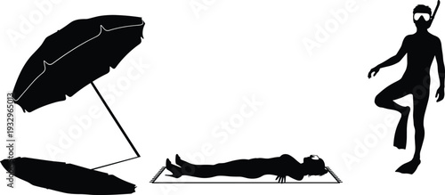 Summer beach vacation silhouette scene with umbrella, relaxed sunbather on mat and scuba diver isolated on white background