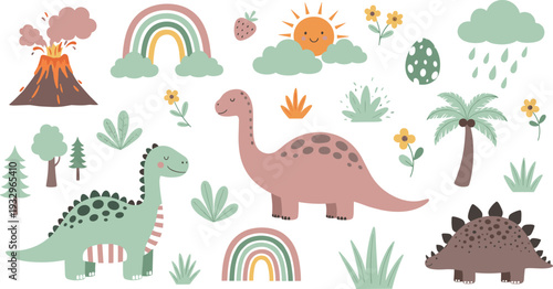 Cute dinosaur illustration set with rainbow, volcano, clouds and tropical plants, soft pastel cartoon prehistoric animals for kids and nursery design