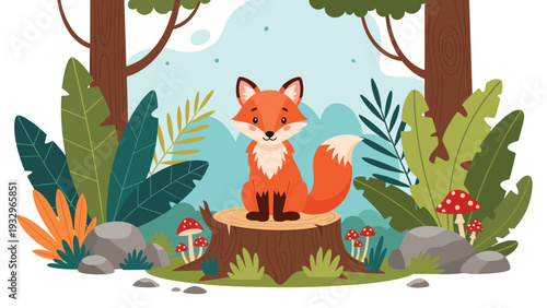 Cute red fox with a bushy tail sits alertly on a tree stump in a vibrant forest filled with ferns and mushrooms.