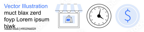 E-commerce, shopping efficiency, time tracking, budgeting, digital retail, payment concepts. Storefront symbol, clock dollar icon. E-commerce and shopping efficiency visual