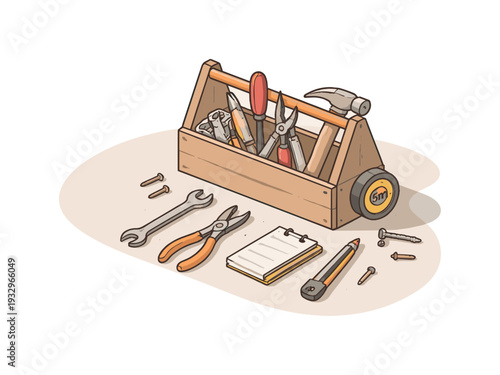 Calm DIY repair weekend concept with toolbox and tools slightly angled for balance shown from above, arranged in the right third