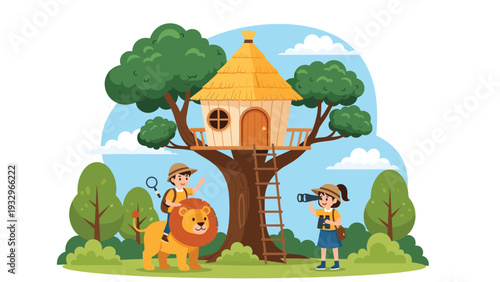 Two young children in explorer outfits play with a friendly lion mascot near a beautiful wooden treehouse in a forest.