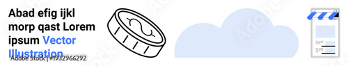 Cloud technology, digital payments, data storage, online services, e-commerce, financial tech. a coin, cloud and a storefront. Cloud technology and digital payments concept