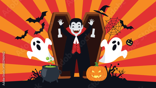 Spooky vampire rises from a coffin surrounded by ghosts, pumpkins, bats, and a bubbling cauldron in a festive Halloween scene.