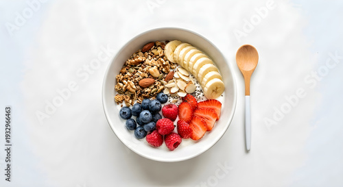 Healthy breakfast bowl with banana berries and granola