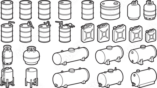 Various industrial containers, barrels, tanks, and cans are neatly arranged. perfect for illustrating industrial storage, processing, and transportation concepts.