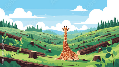 Solitary giraffe sits in a vast open field filled with cut tree stumps and fallen logs under a bright blue sky with clouds.