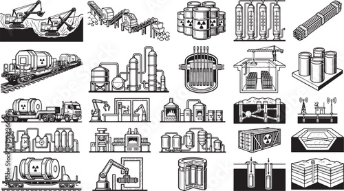 Illustration of a diverse industrial landscape with a focus on factory, machines, processing and power.