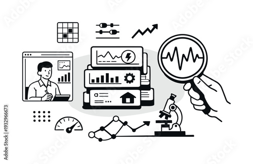 Modern minimal flat vector conceptual collage, crisp hard edges, consistent THIN outline stroke, rounded corners where needed,